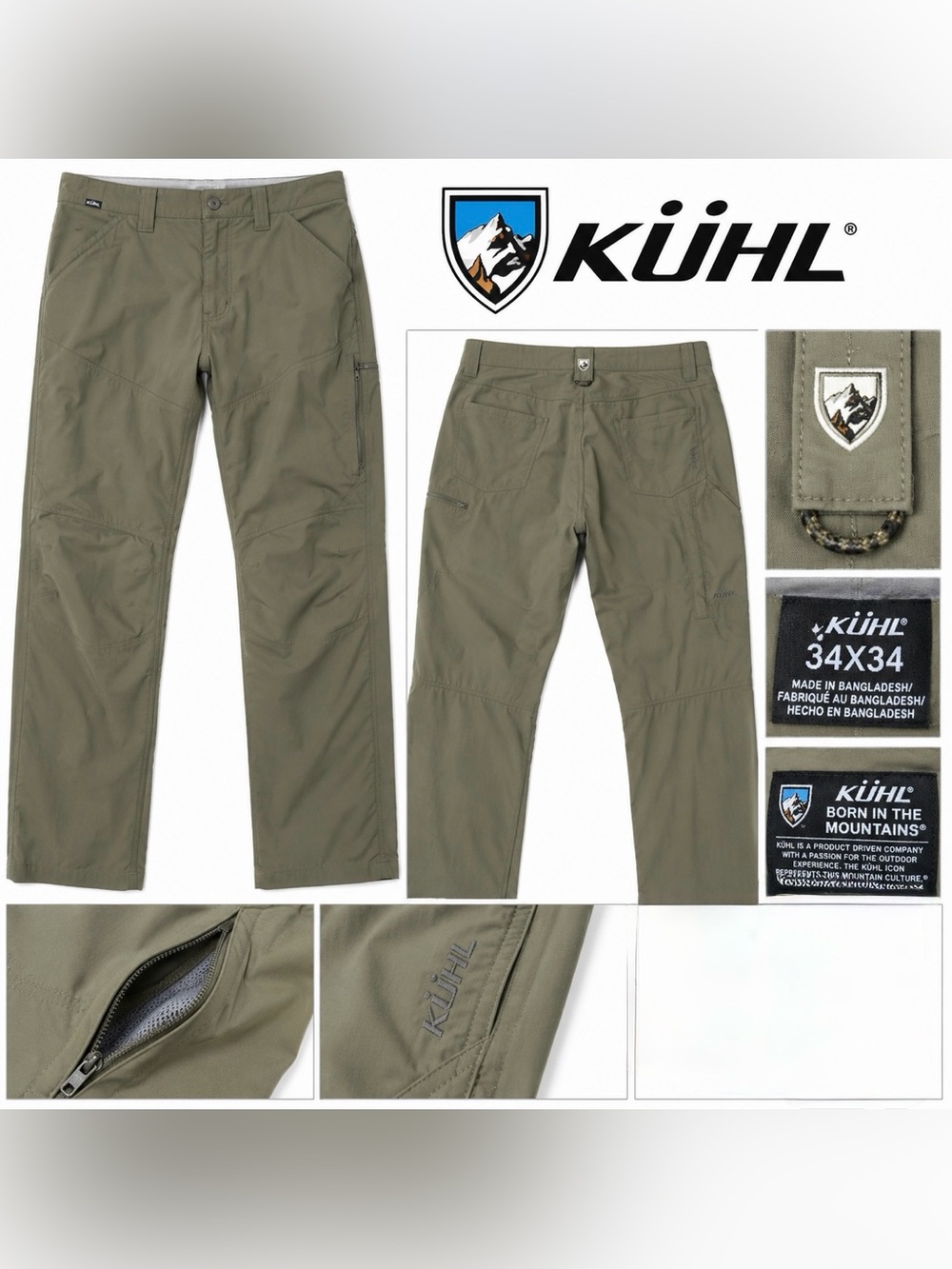 KÜHL Renegade Hiking Pants Men’s 34x34 Olive Green Water Resistant Outdoor Trail